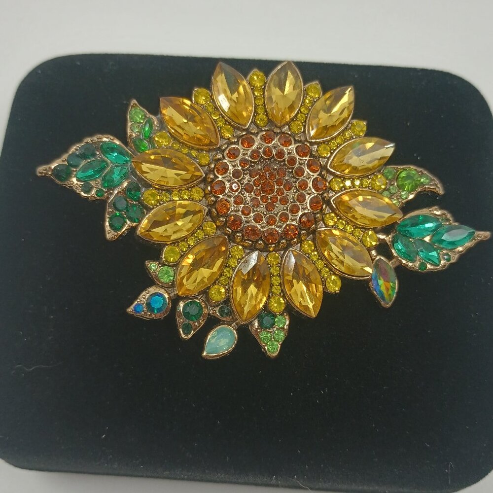 Gorgeous Detailed Rhinestone Sunflower with Leaves Brooch.